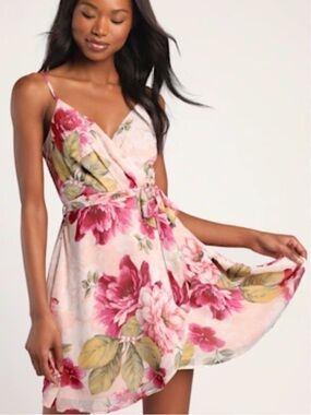 Lulu's Pink Floral Wrap Mini Dress